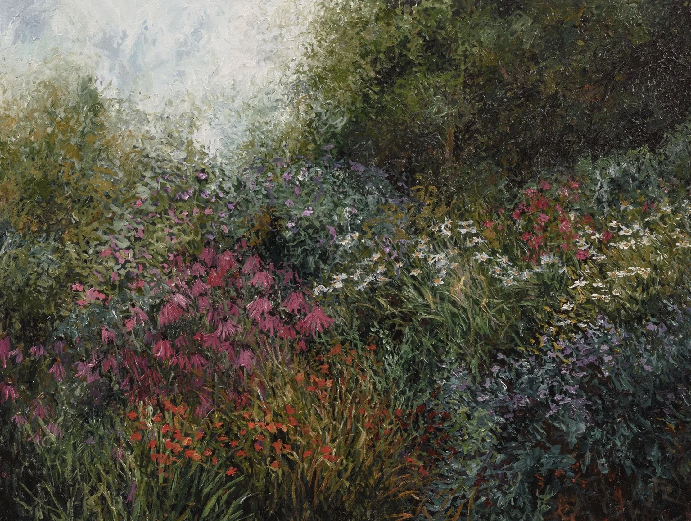 A vibrant garden scene painted in an Impressionist style, featuring colorful flowers, lush greenery, and dense foliage with a misty, light background.