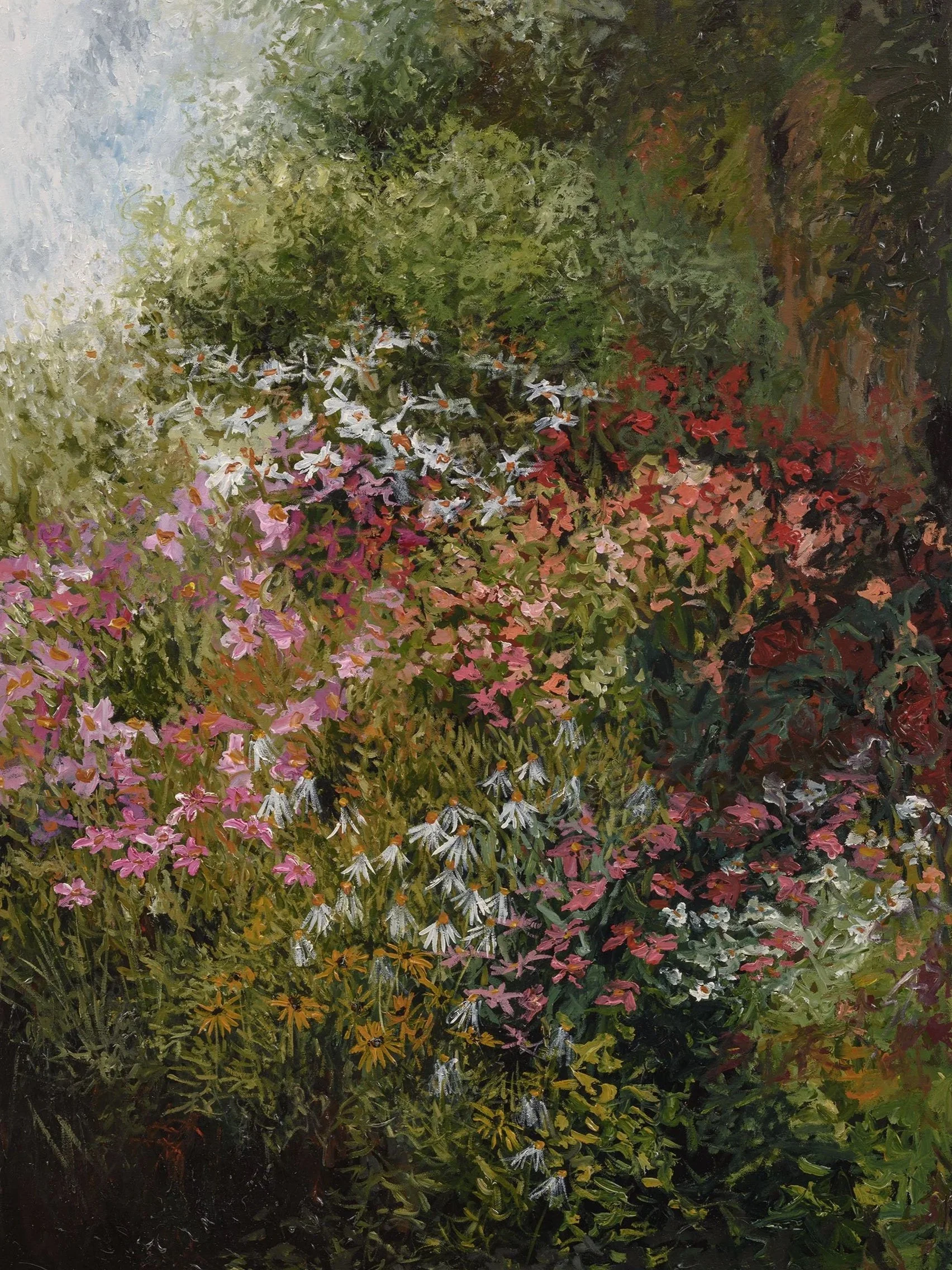 A vibrant floral painting featuring a variety of colorful flowers, greenery, and some dark background elements.