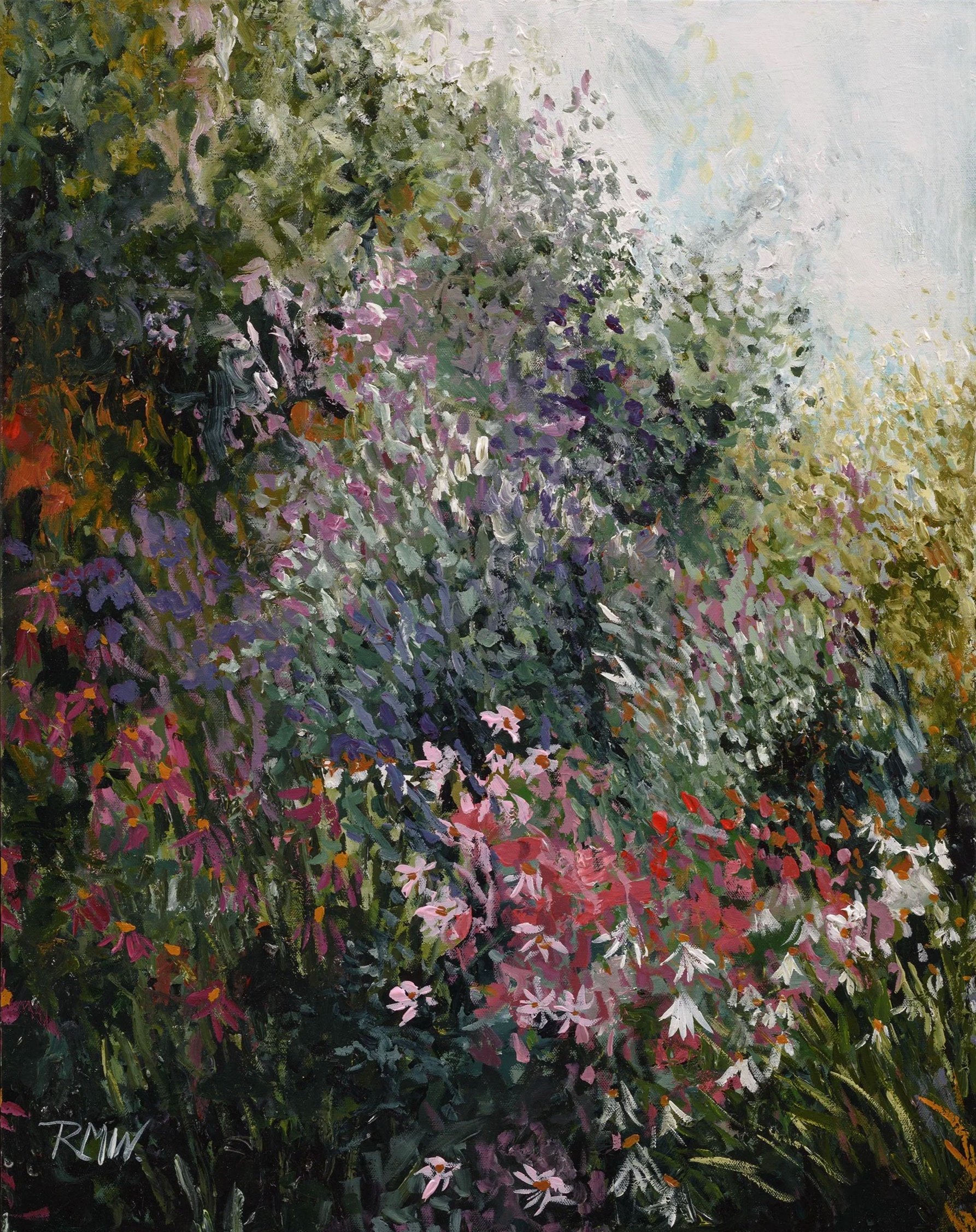 A colorful impressionist painting of a garden with various flowers, leaves, and foliage in shades of green, purple, pink, red, yellow, and white.