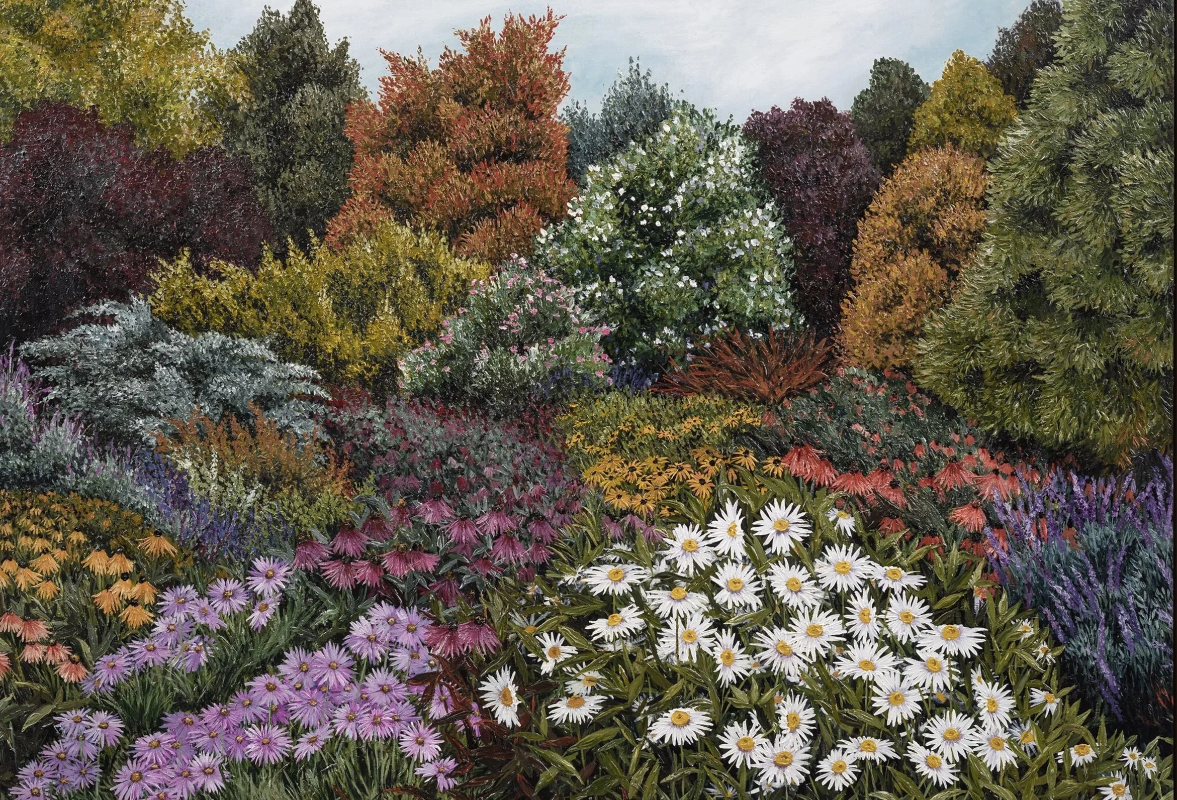 A colorful garden with various flowers and trees, including daisies, cone flowers, and autumn-colored foliage.