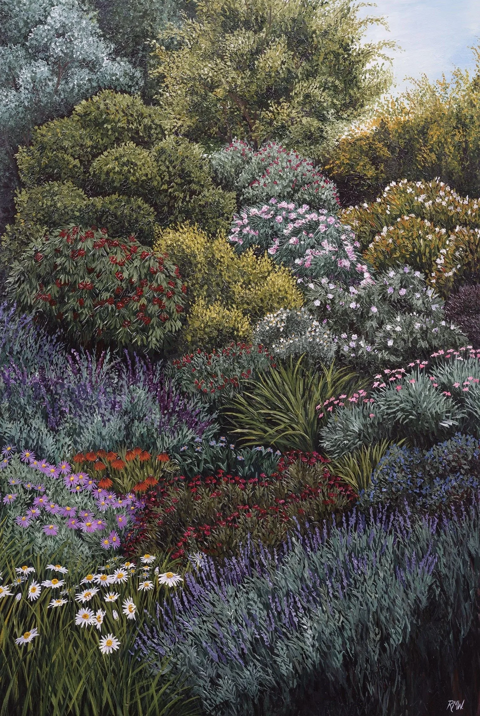 A detailed painting of a lush garden with various colorful flowering bushes and plants, including purple, white, red, pink, and orange flowers interspersed among green foliage.