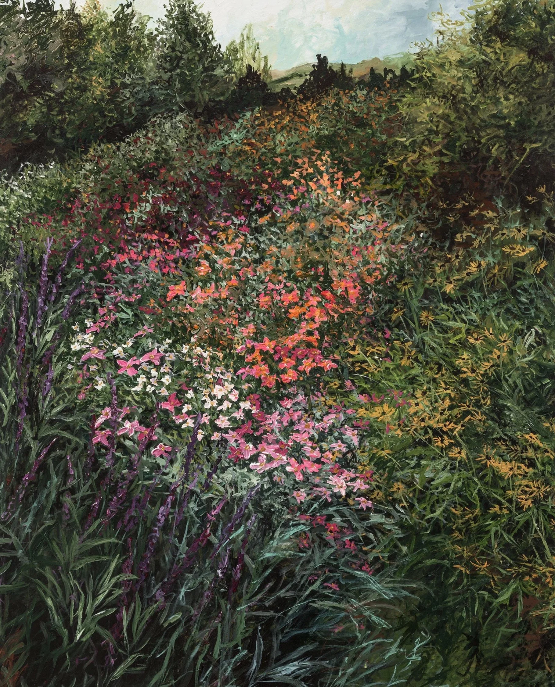 A painting of a lush garden with various green foliage, colorful flowers, and a pathway leading into the distance, with hills and sky in the background.
