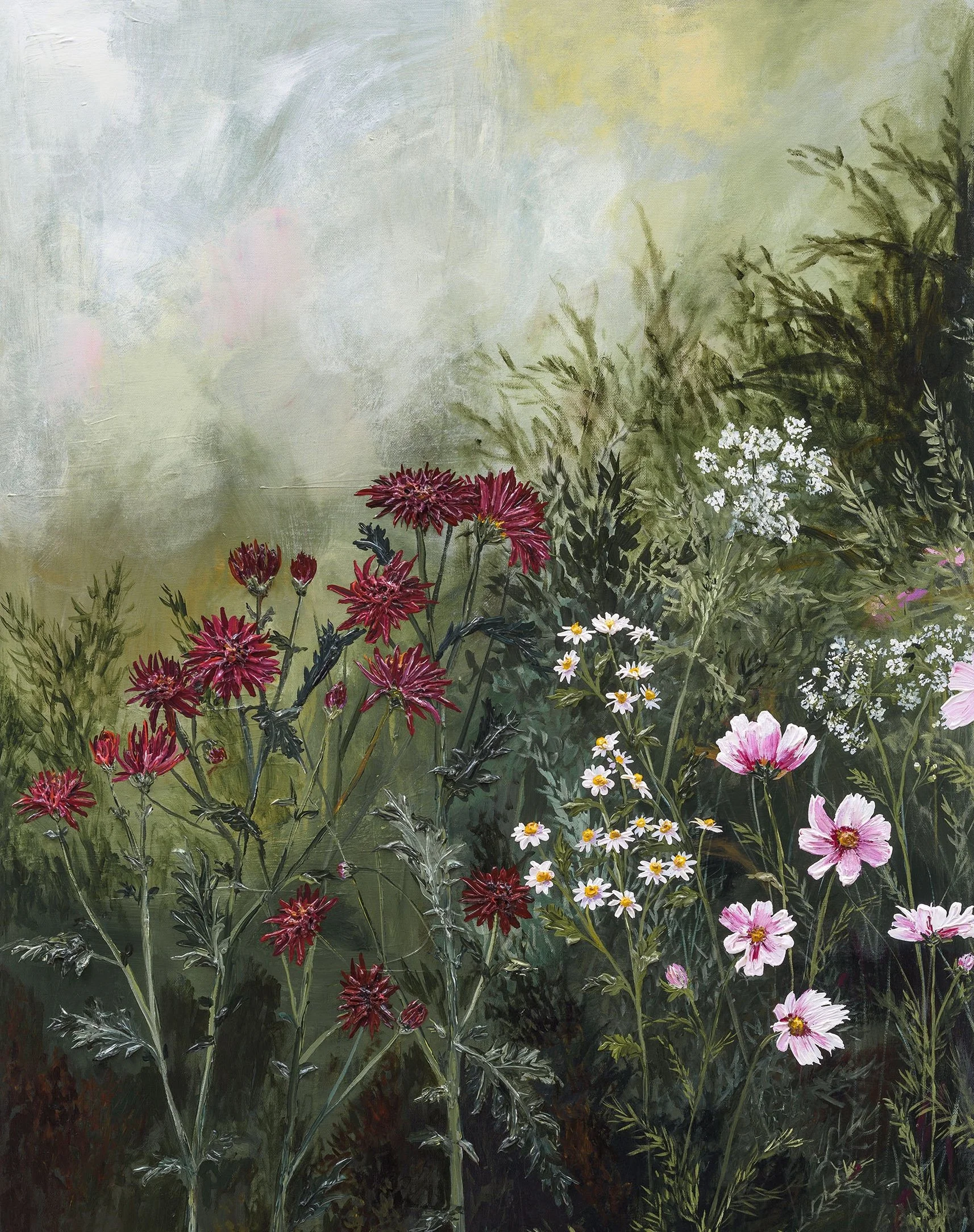 A painting of a garden with pink, red, and white flowers and green foliage against a textured background.