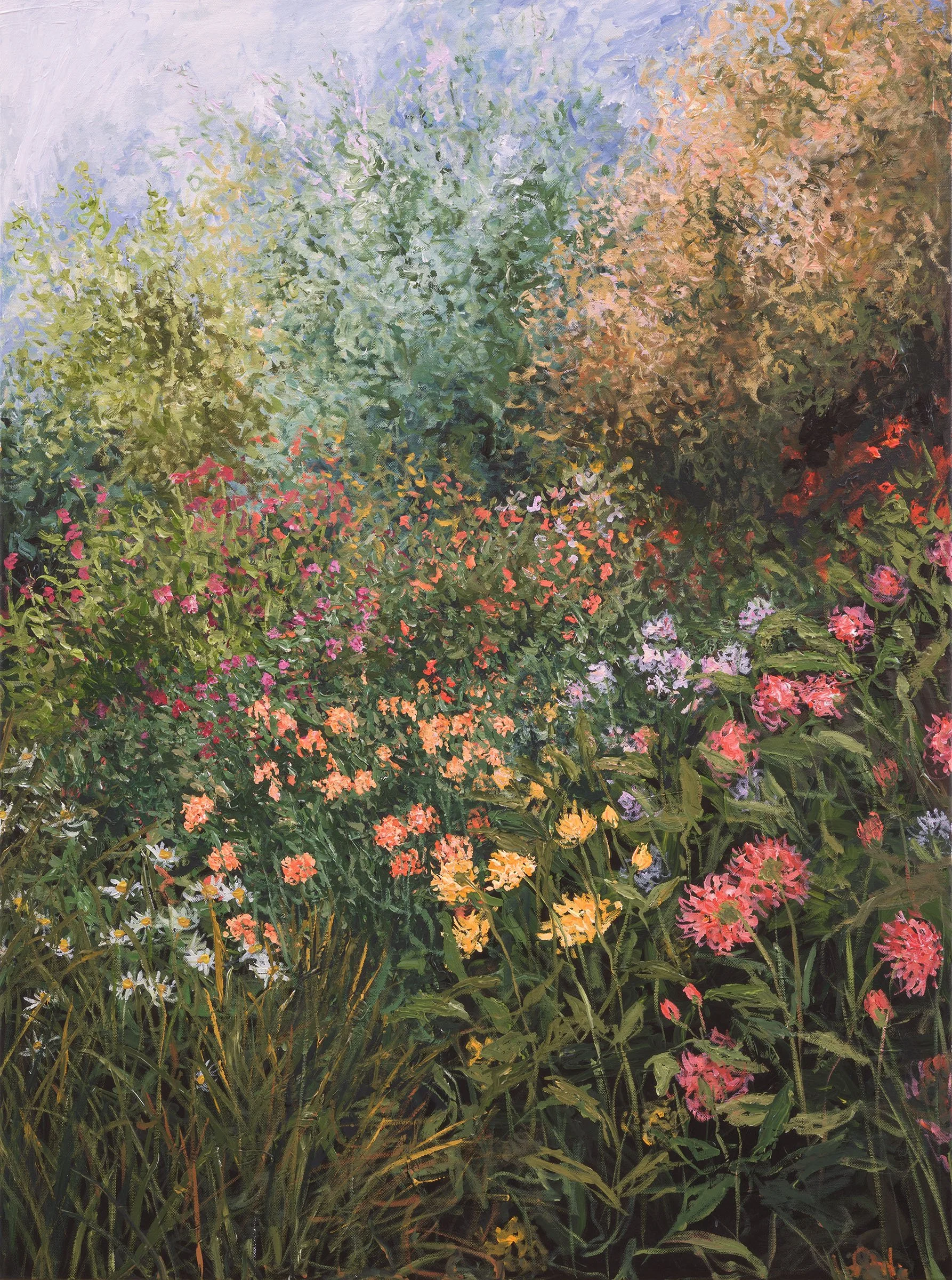 Oil painting of a colorful flower garden with pink, yellow, orange, and purple flowers, surrounded by green foliage and tall grass.