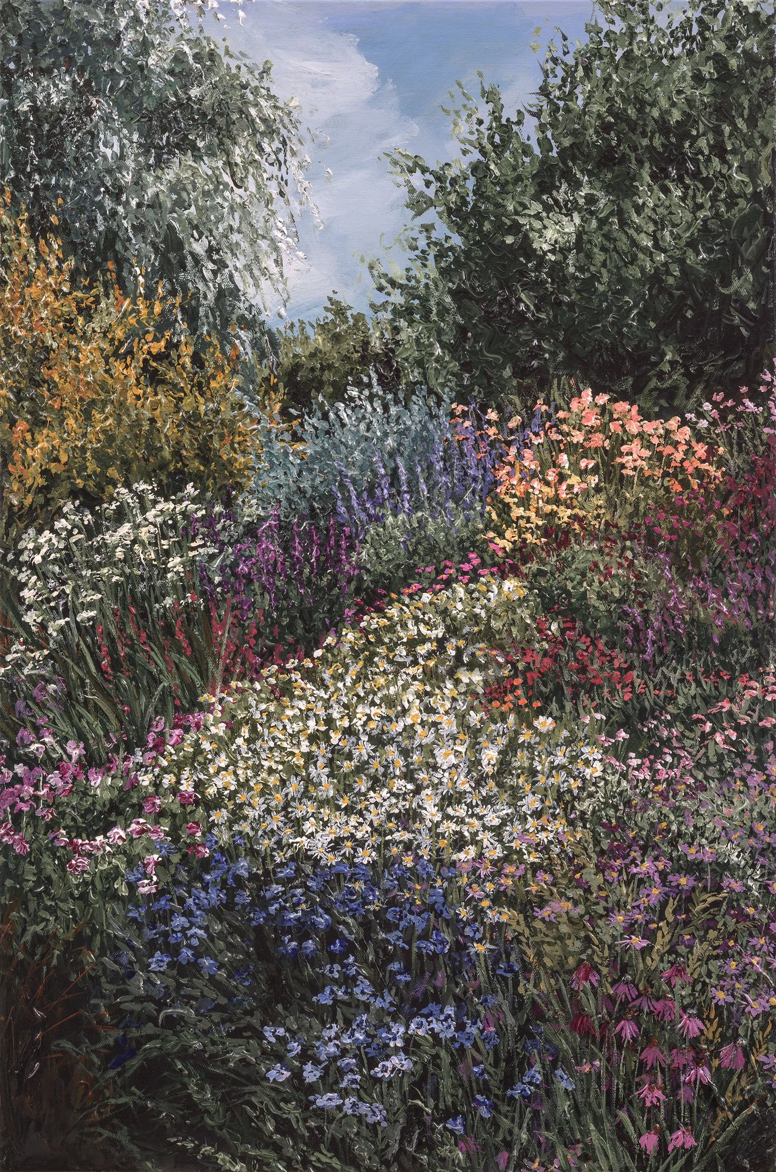 A landscape oil painting featuring a garden with various colorful flowers and lush green trees under a partly cloudy sky.