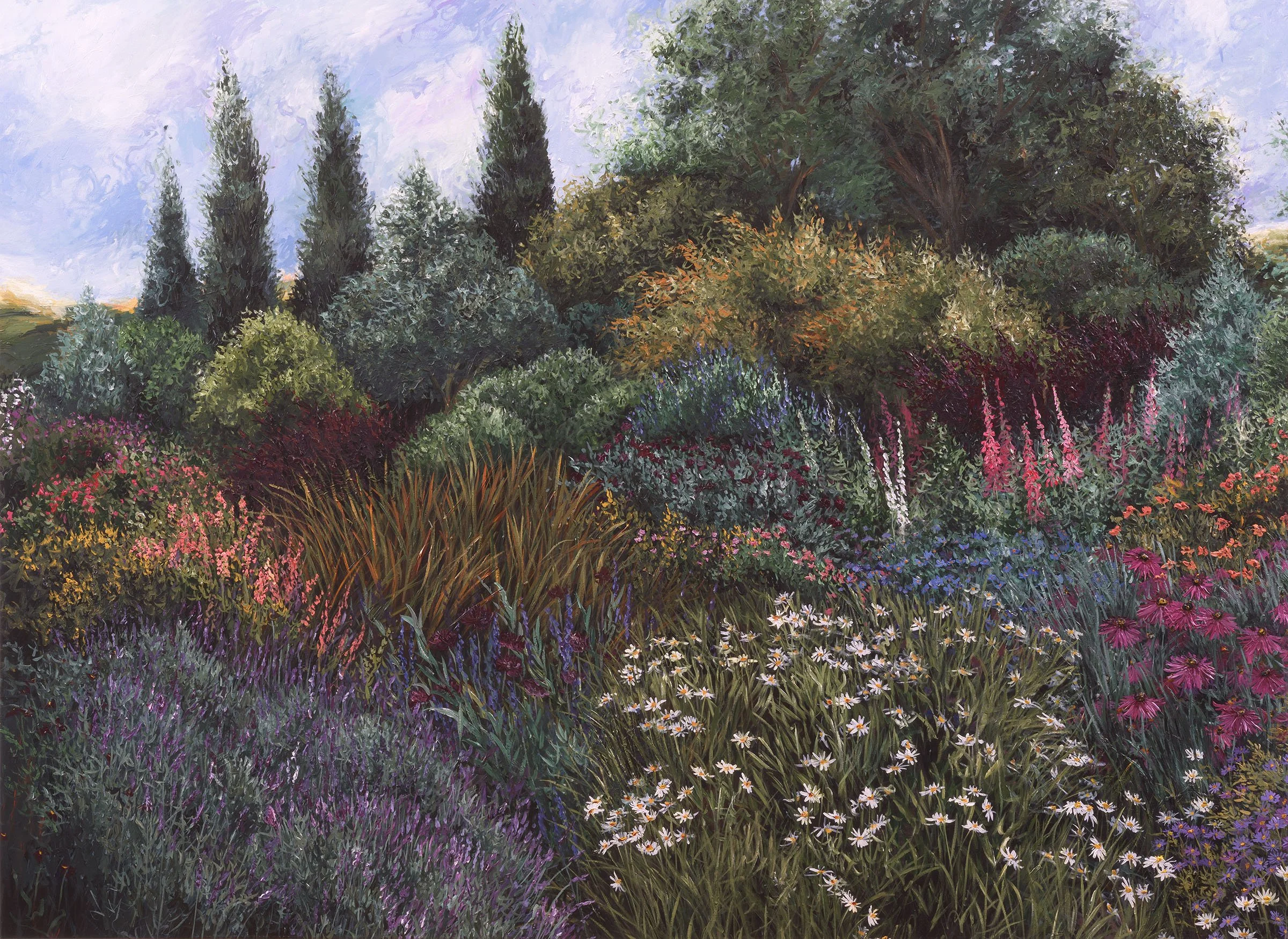 A colorful landscape painting of a garden scene with various flowers and trees under a partly cloudy sky.