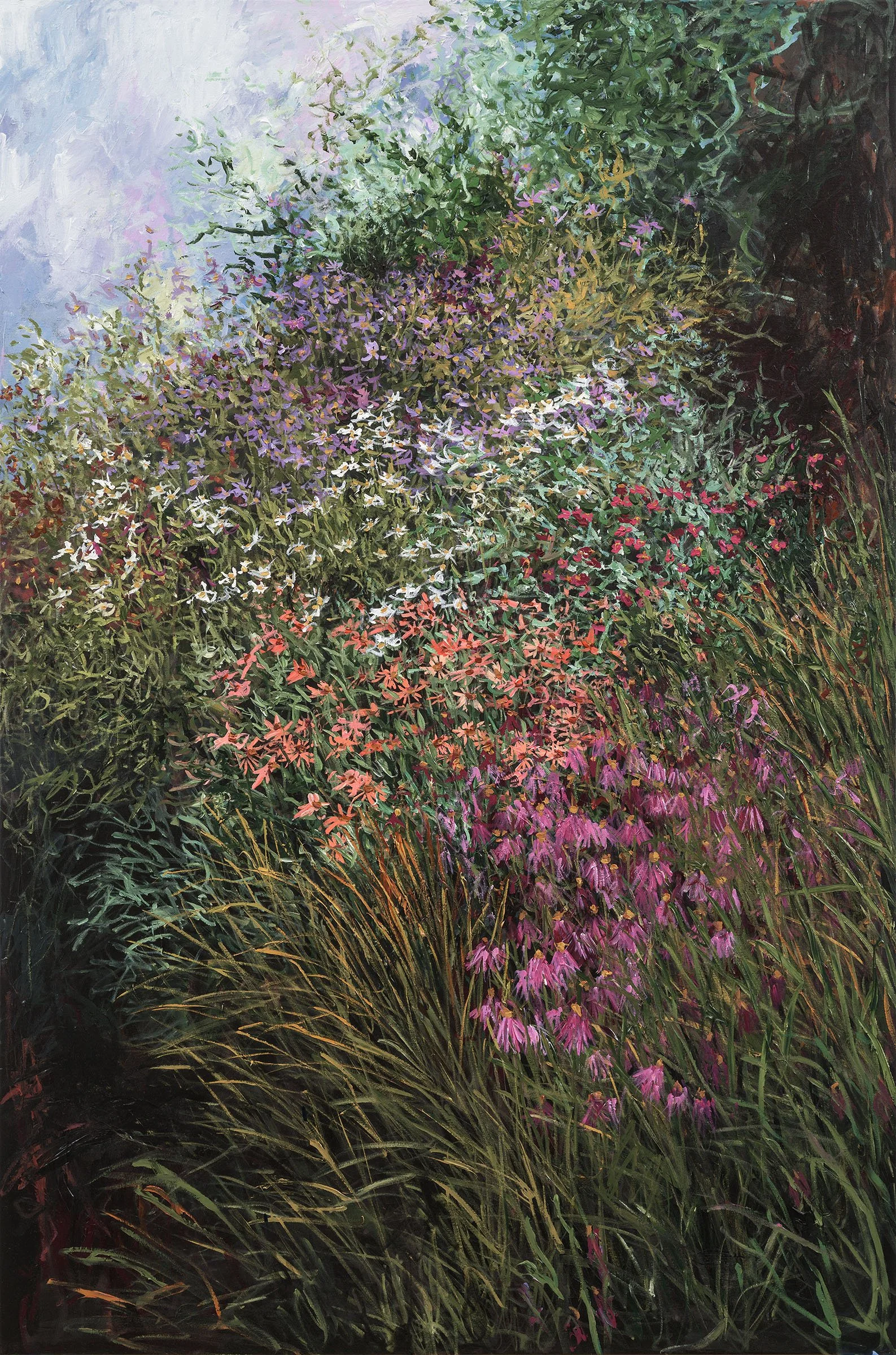 A vibrant painting of a garden filled with purple, pink, and white flowers among tall green grasses and foliage, with a light-colored background.