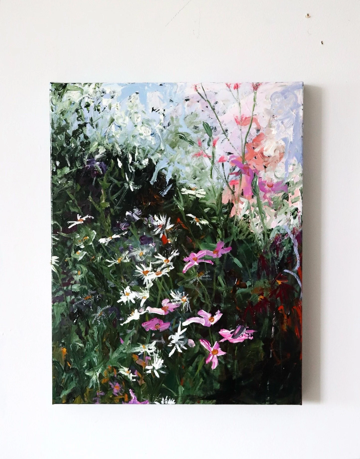 Abstract painting of a colorful flower garden with pink, white, purple, and green flowers and leafy greenery.