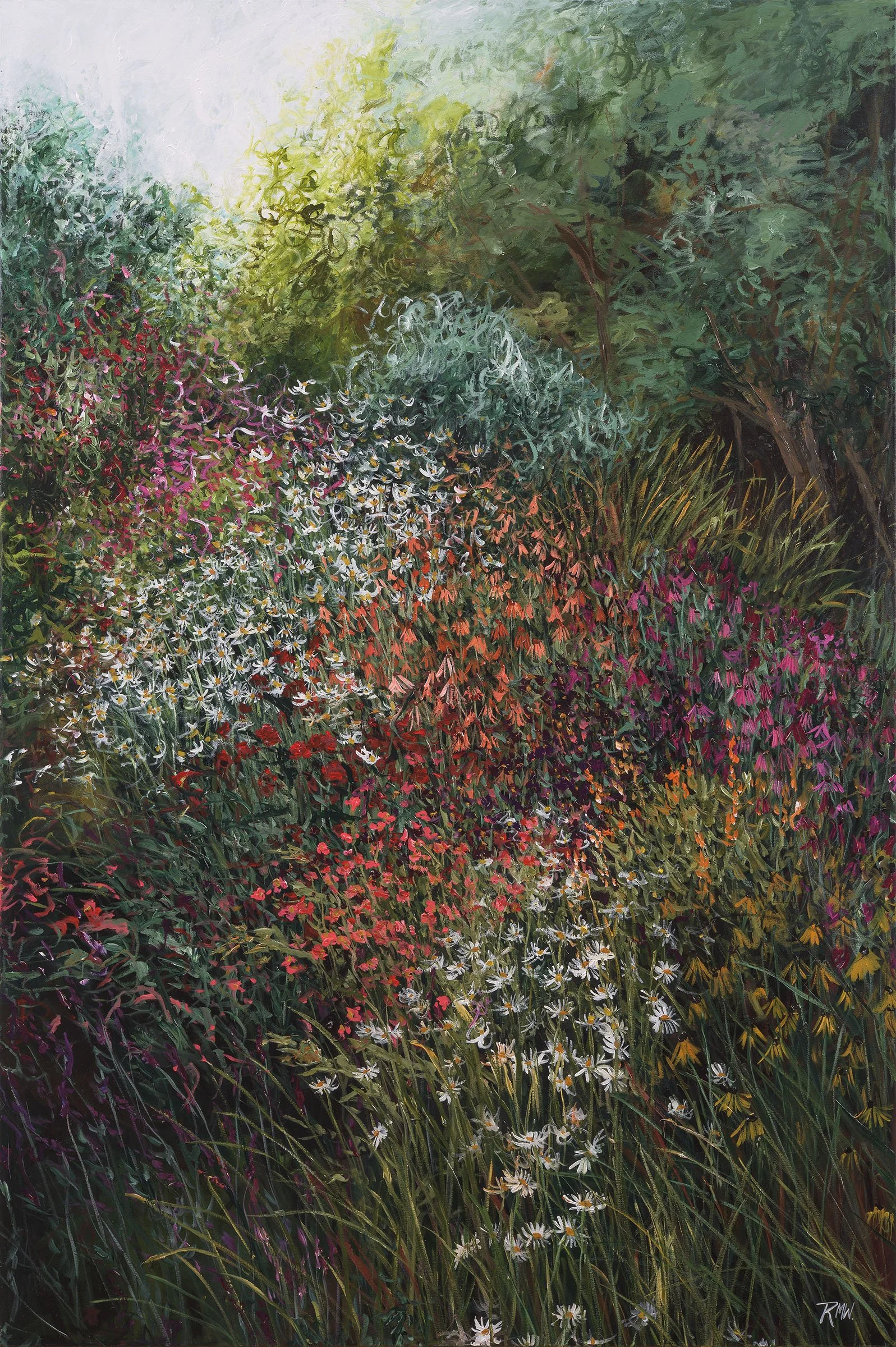 Floral, garden, impressionistic, acrylic on canvas artwork. Painting by Auckland, NewZealand based artist Rachael Mayne. Contemporary fine art NZ. Contemporary fine art NZ.