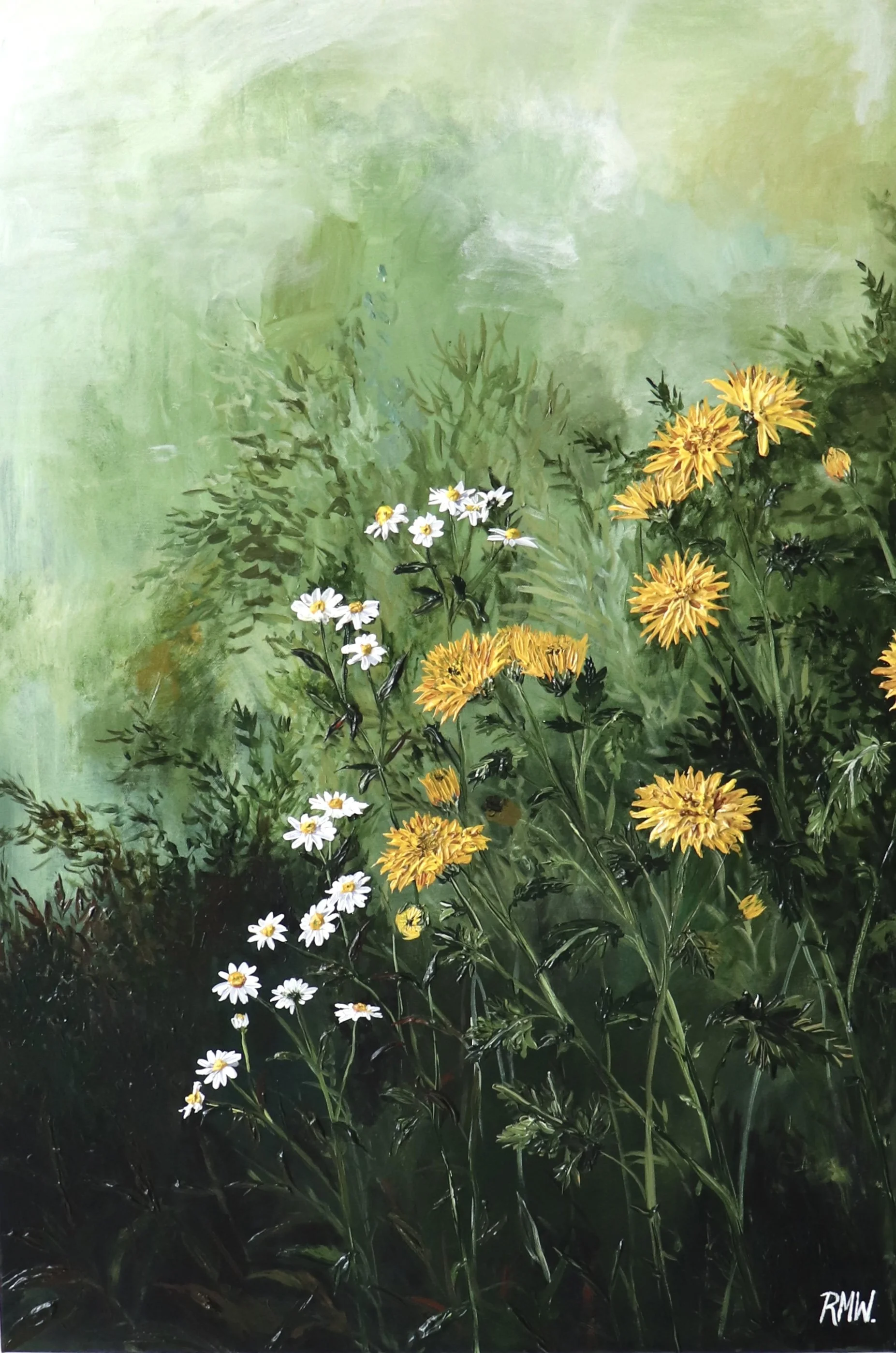 A painting of a lush green background with white daisy-like flowers and yellow flowers in the foreground, signed with initials 'RMN' in the bottom right corner.