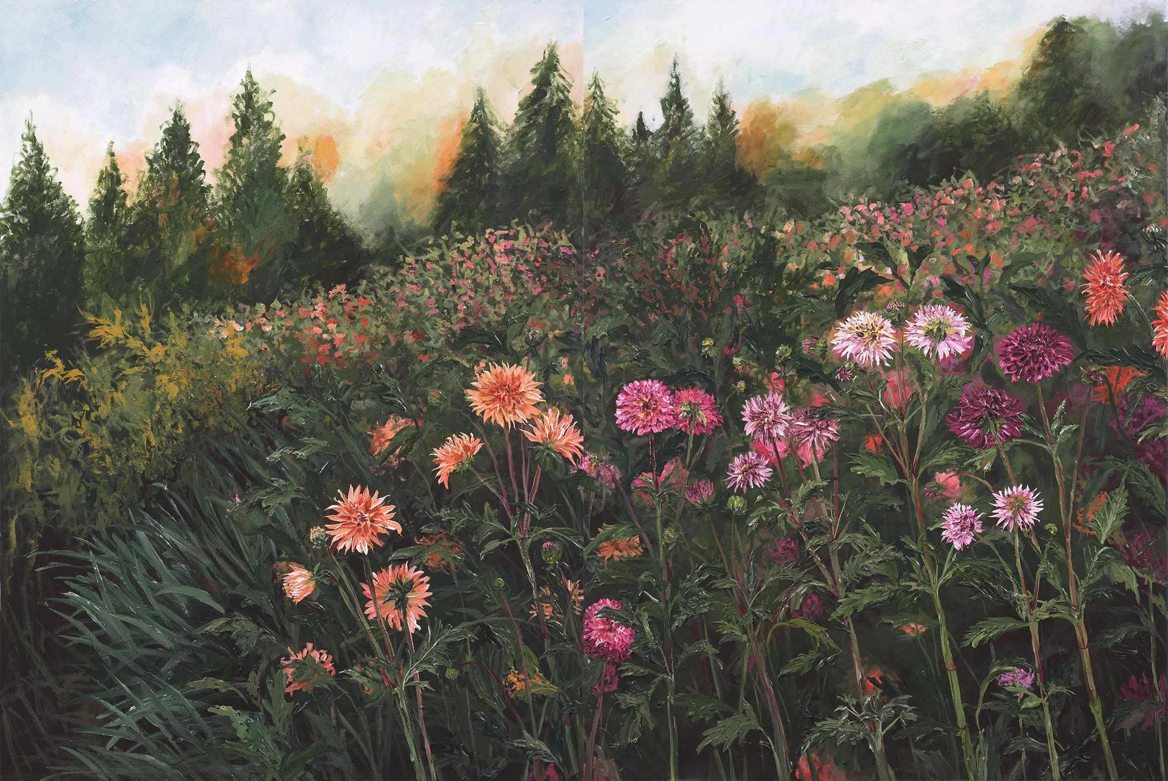 A landscape painting of a lush garden with pink and orange flowers in the foreground, dense dark green trees in the middle ground, and a pale sky in the background.