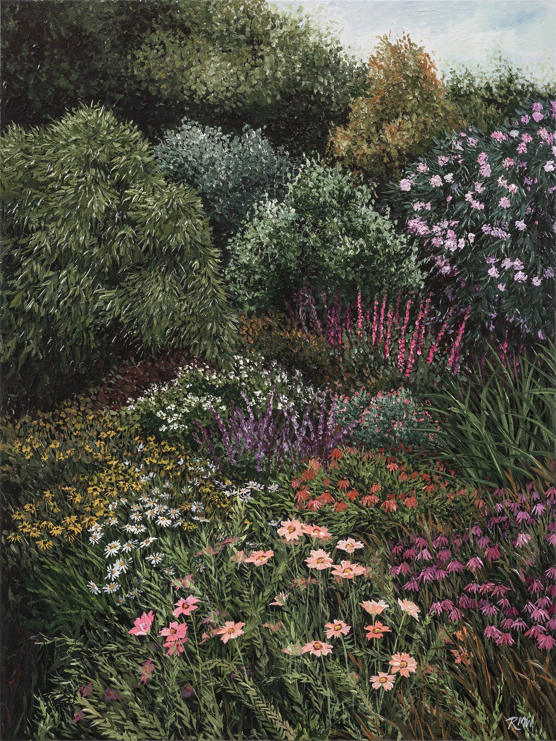 A vibrant garden scene with various flowering plants and lush greenery.