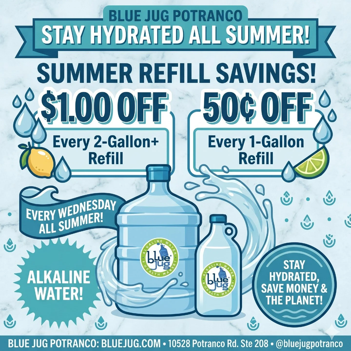 Beat the Texas heat and save green while drinking clean! ☀️ refill day is officially here!

Every Wednesday all summer long, we're serving up major Summer Refill Savings at Blue Jug Potranco:
✅ $1.00 OFF every 2-gallon or larger refill
✅ 50&cent; OFF