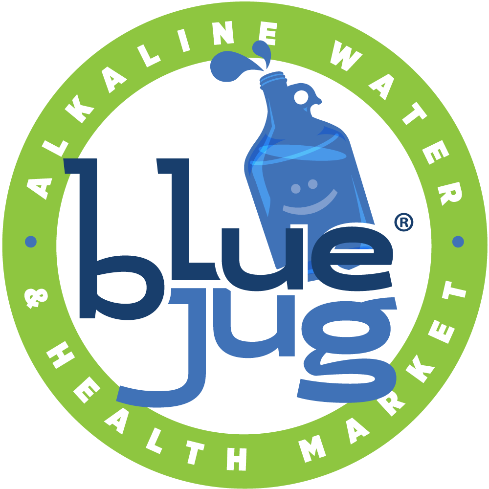 A circular logo with a green border that reads 'ALKALINE WATER & HEALTH MARKET.' Inside the circle, there is a smiling blue water bottle with a splash coming out of it. Overlaying the water bottle, the text 'blue jug' is displayed in blue letters.