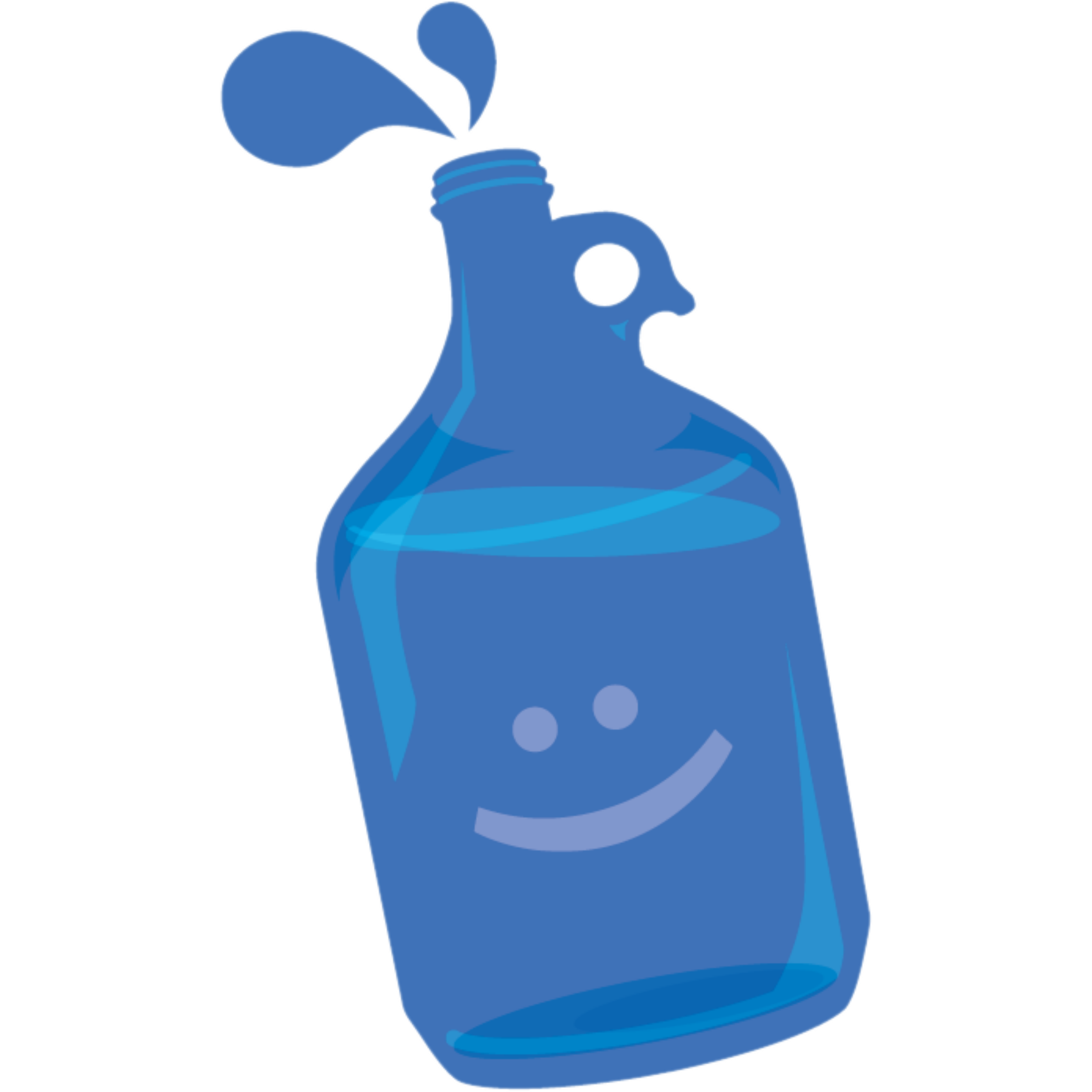 A cartoon illustration of a blue water jug with a face, with a big open mouth, and one eye visible, set against a grey background.