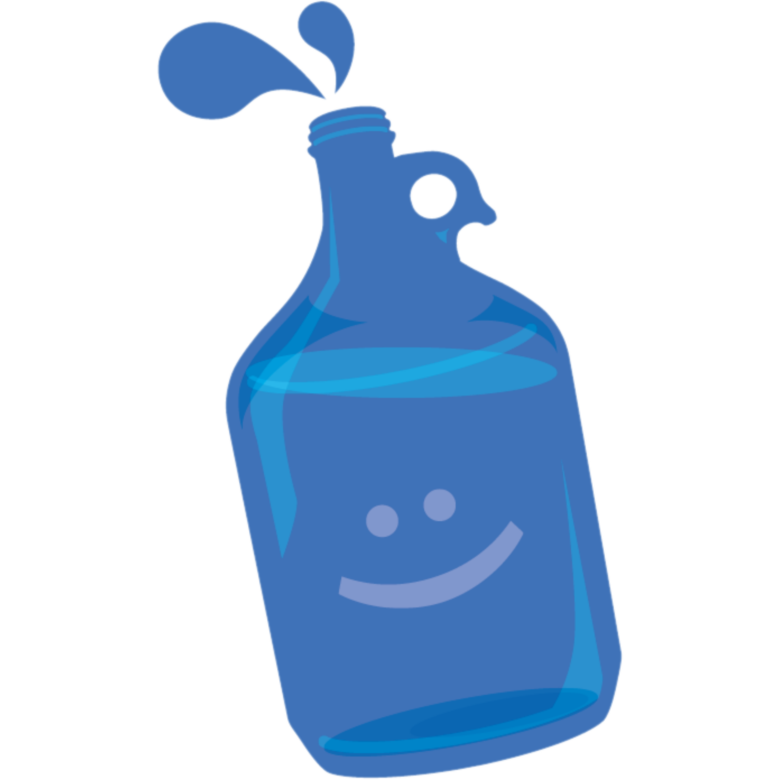 Illustration of a blue water jug with a stylized human face inside, the face has a circular eye and a small nose.