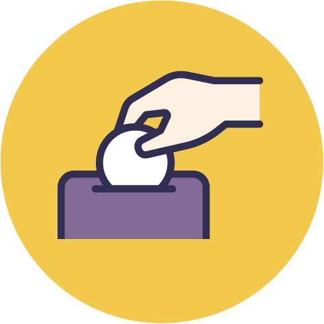 Icon of a hand placing a ballot into a ballot box, representing voting or election.