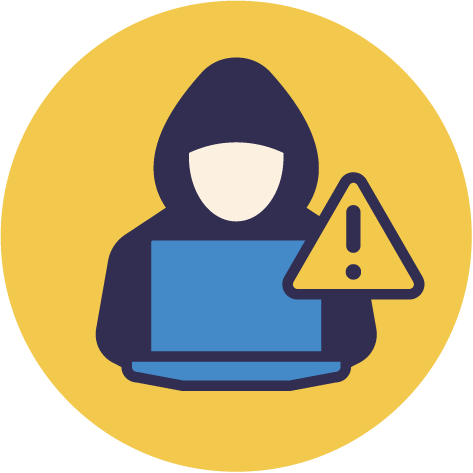 Icon of a person with a hood working on a laptop with a warning sign indicating caution or alert.