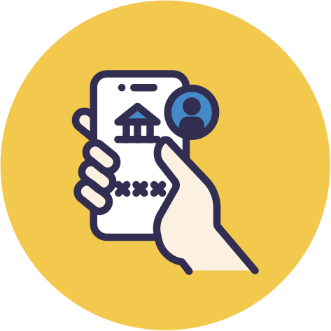 Icon of a hand holding a smartphone with an icon of a bank building, a user profile, and a password field on the screen, suggesting online banking or secure login.