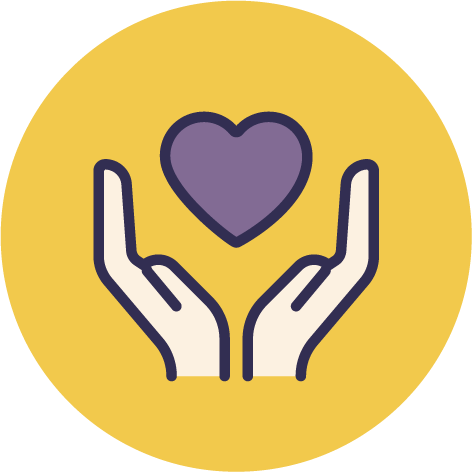 Icon of a two hands holding a purple heart against a yellow background.