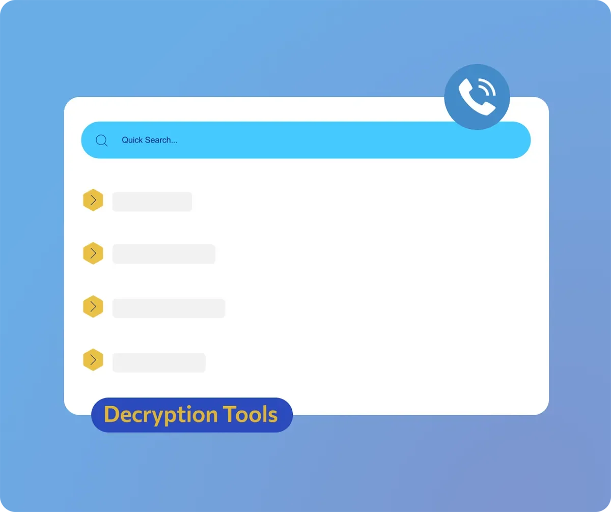 Illustration of a Decryption Tools search interface with a quick search bar and a list of results.