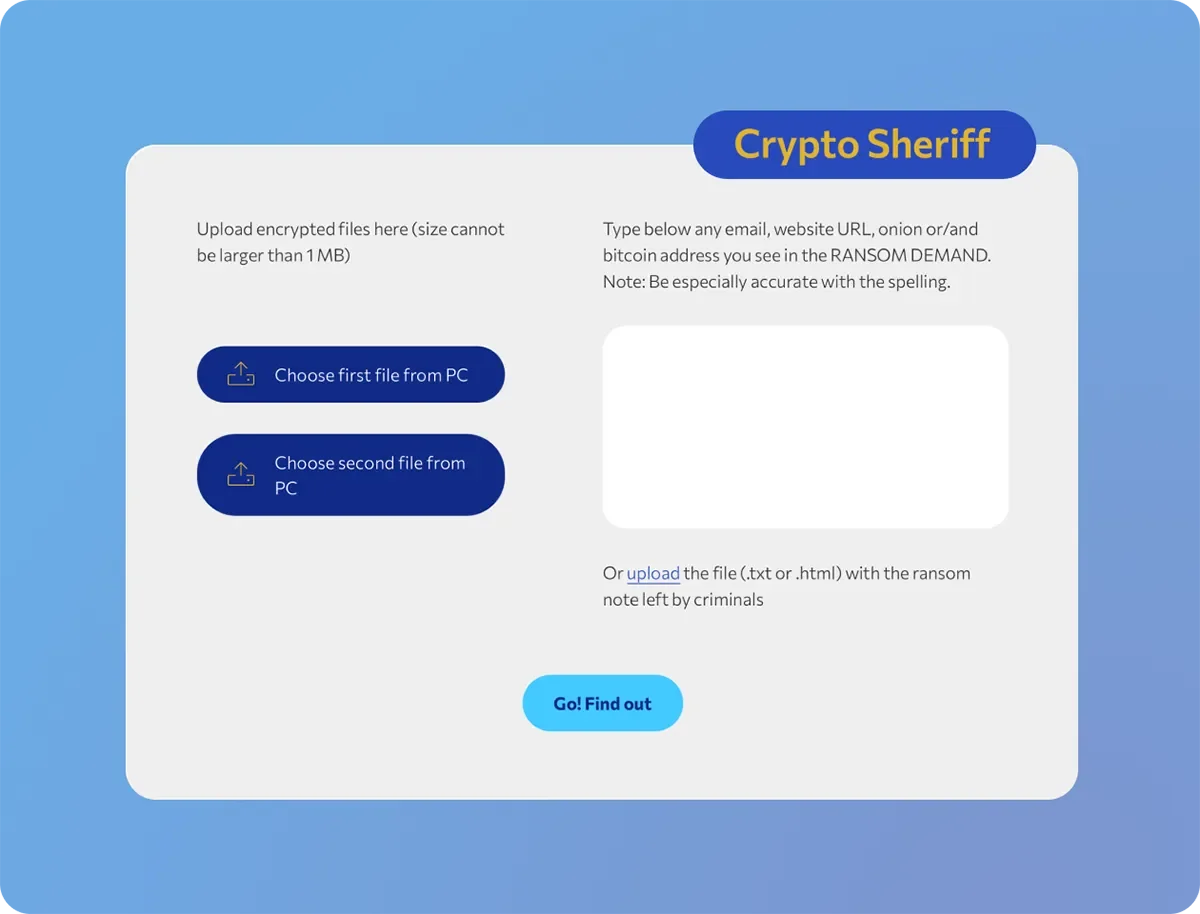 Screenshot of the Crypto Sheriff tool interface, with fields to upload encrypted files and enter ransom demand details.
