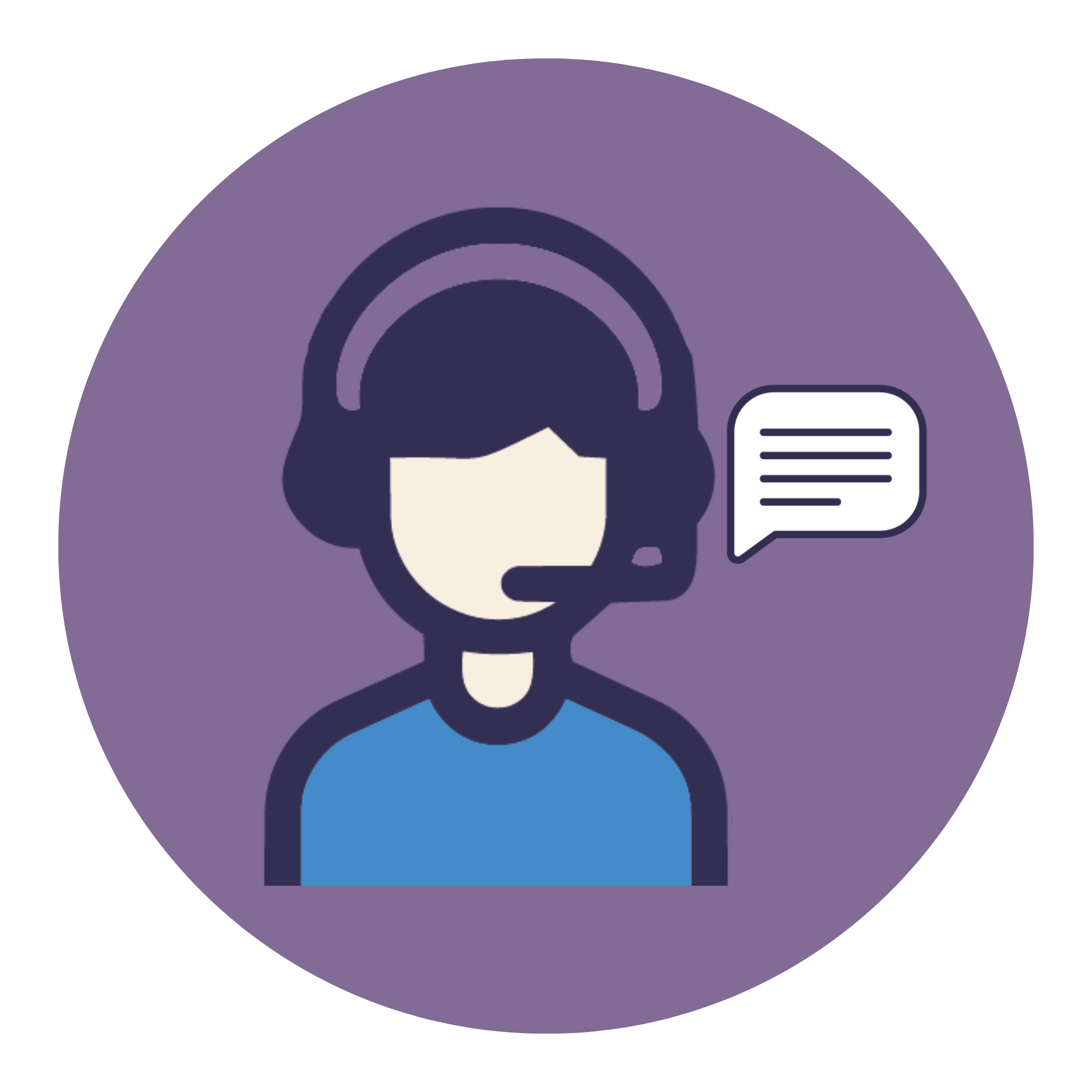 Icon of a person wearing a headset and talking with a speech bubble, set against a purple background.