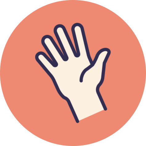 Icon of a hand with five fingers raised against a circular peach background.