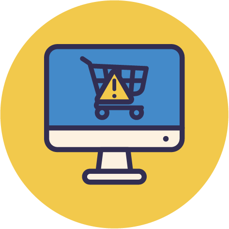 Icon of a computer monitor displaying a shopping cart icon with a warning sign, indicating a potential issue with an online shopping or e-commerce platform.