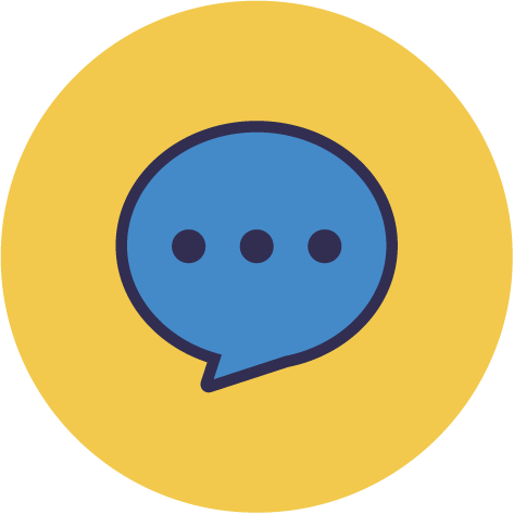 Icon of a blue chat bubble icon with three dots inside, on a yellow circular background.