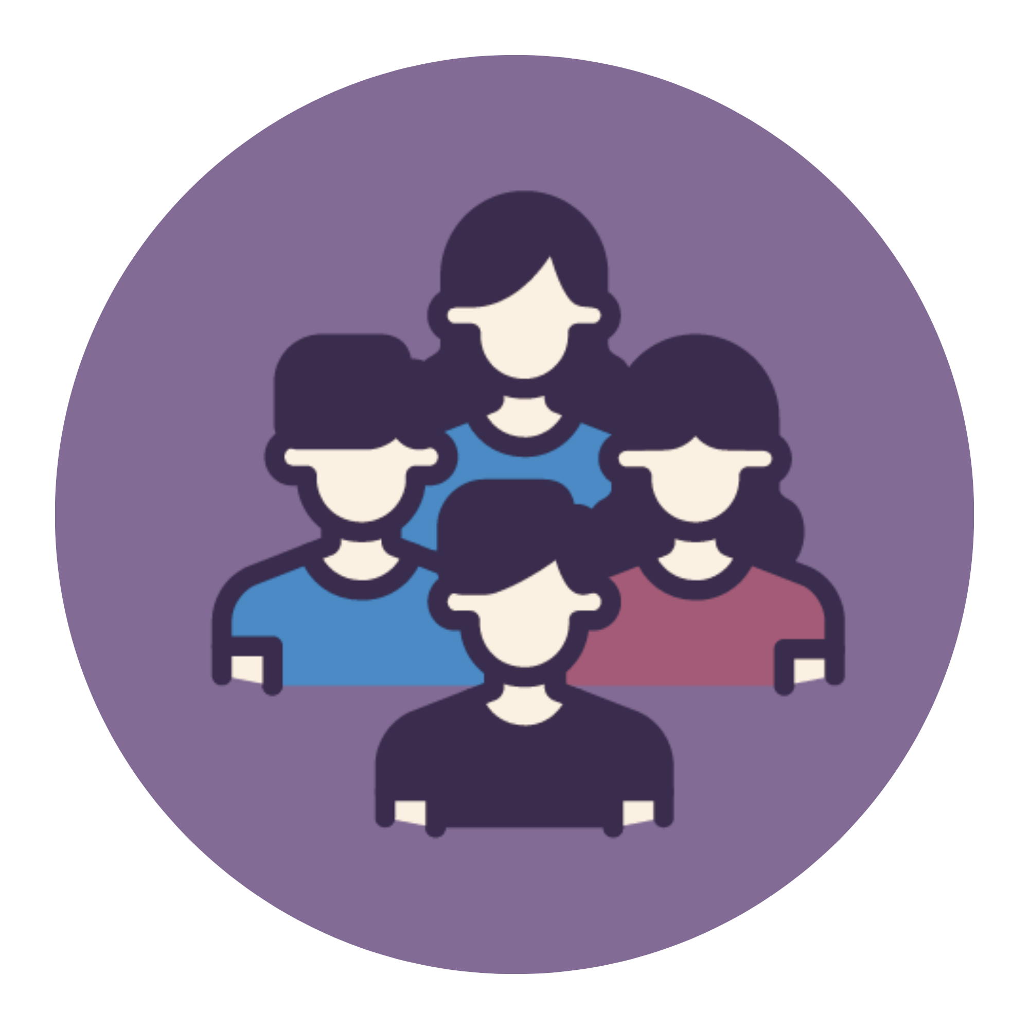 Icon of a four people with dark hair, all wearing various colored shirts, set against a purple background.