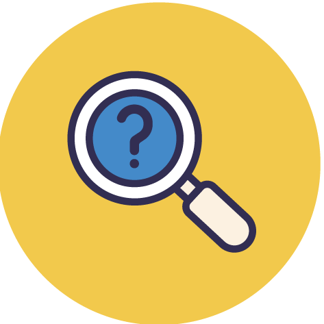 Icon of a magnifying glass with a question mark inside it on a yellow circular background.