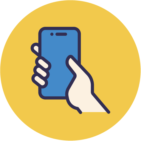 Icon of a hand holding a smartphone against a yellow circular background.
