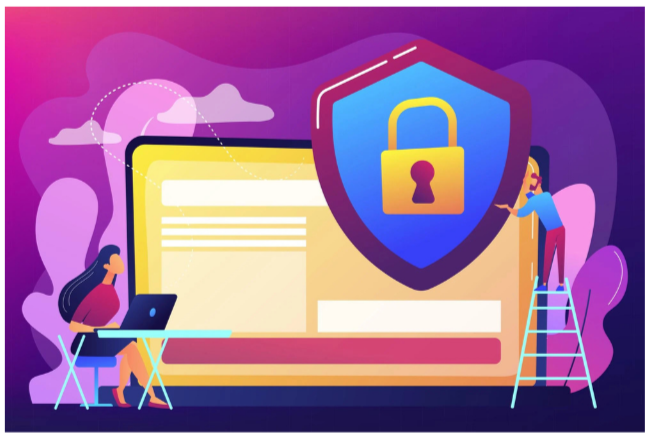 A digital illustration of cybersecurity concept featuring a large computer screen, a shield with a lock symbol, a woman sitting at a desk with a laptop, and a man on a ladder adjusting the shield, with purple and pink abstract background.