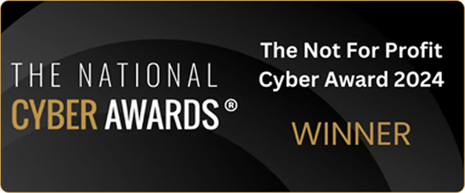 Black and gold award badge for the National Cyber Awards 2024, indicating a winner in the Not For Profit category.