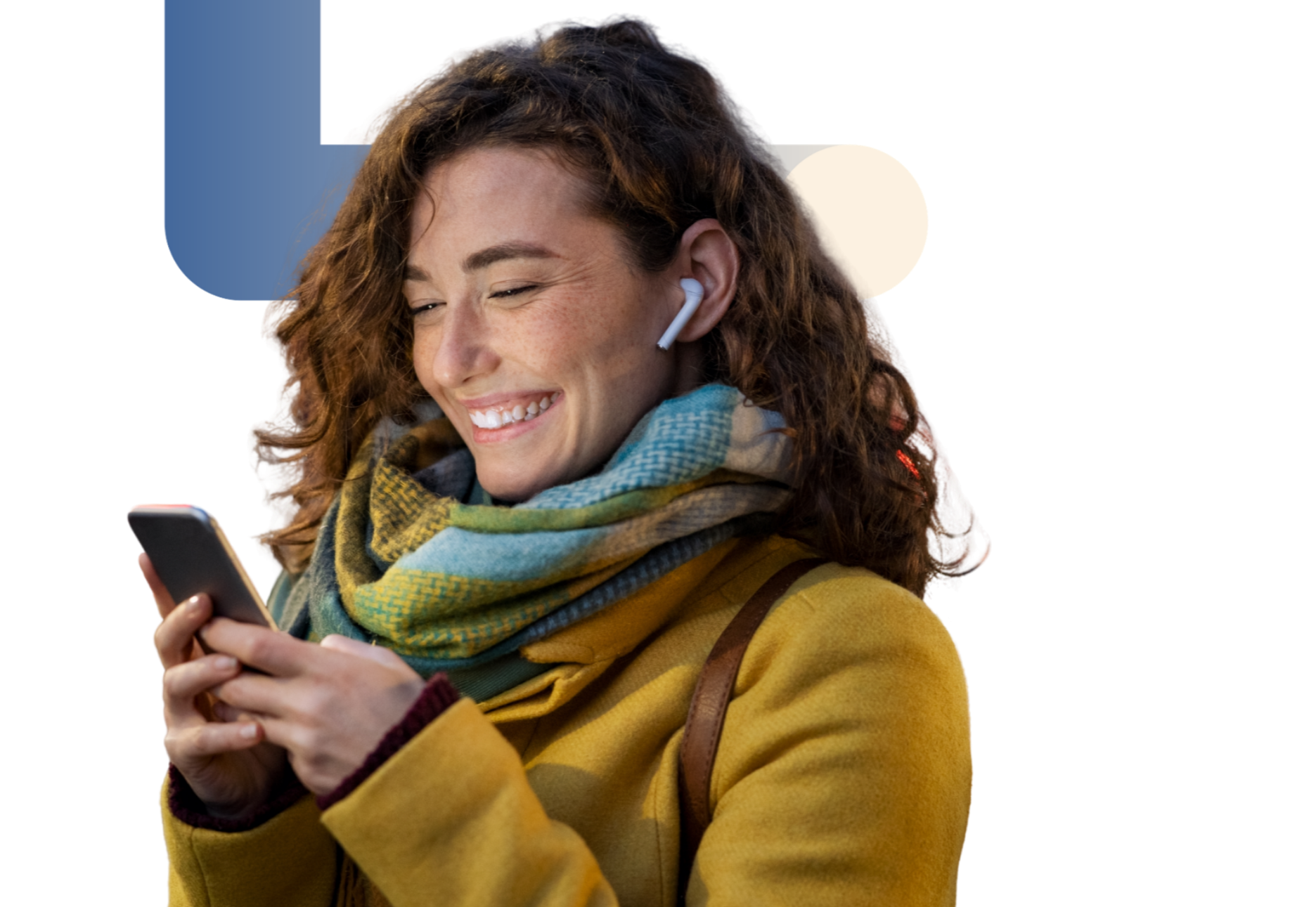 A woman with curly hair smiling at her phone, wearing wireless earbuds, a colorful scarf, and a yellow jacket. She is surrounded by blue and cream connectors, acting as beams of light, recovery and support.