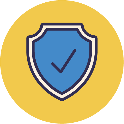Blue shield with checkmark inside on a yellow circular background.