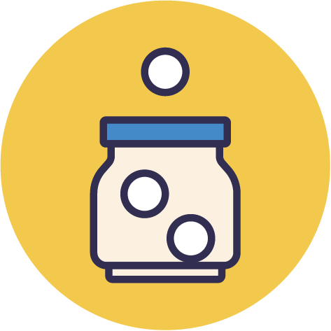 Icon of a jar with pills and a single pill above it, on a yellow background.