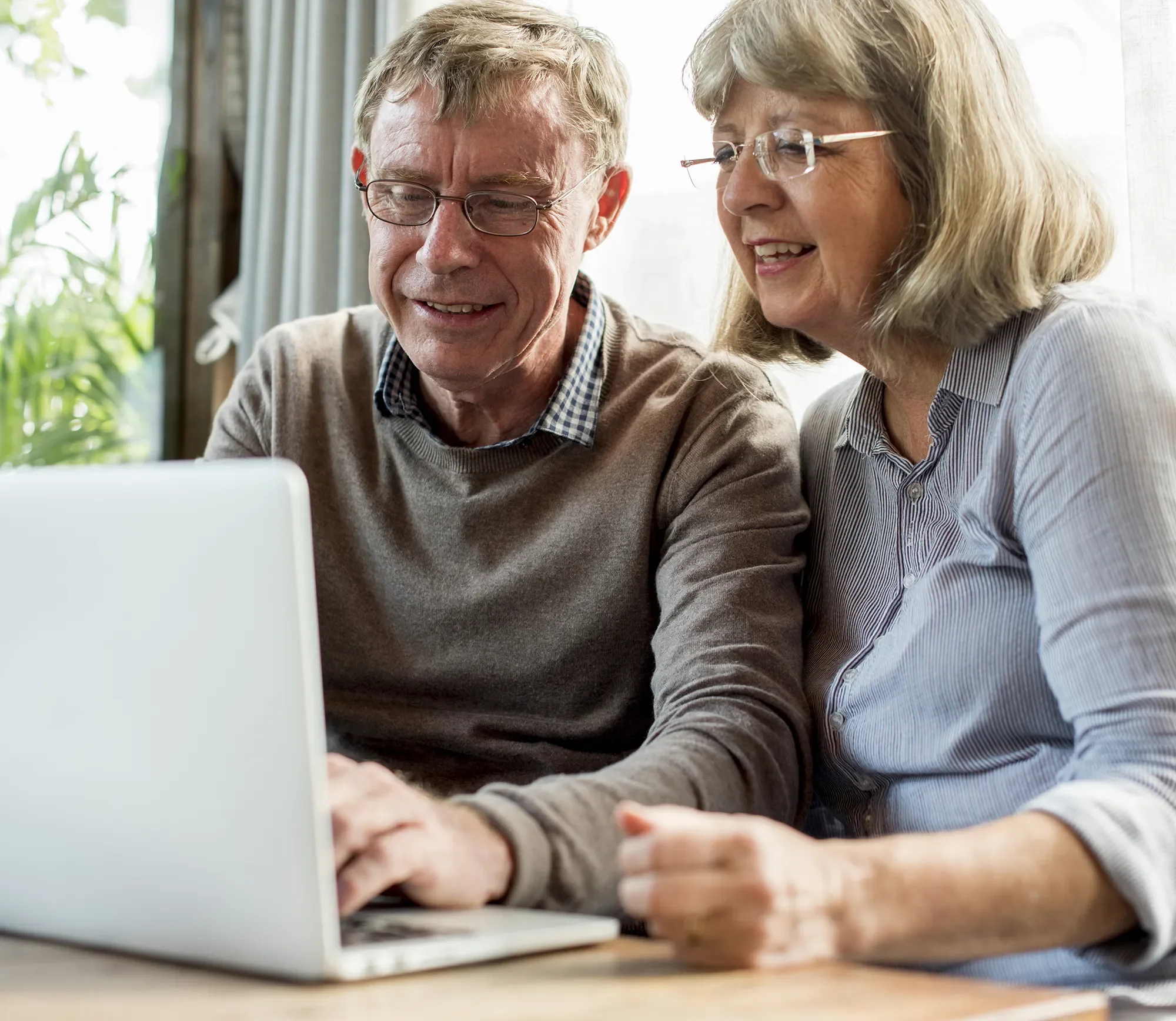 Two elderly people, a man and a woman, are smiling and looking at a laptop screen together inside a bright room with large windows and curtains, and greenery outside.