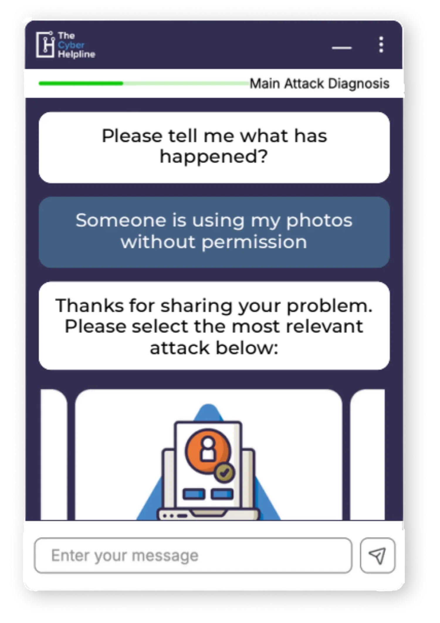 Mobile app interface for a cybersecurity help service. Contains diagnosis progress bar, questions about a security problem, and options to enter a message and send it.