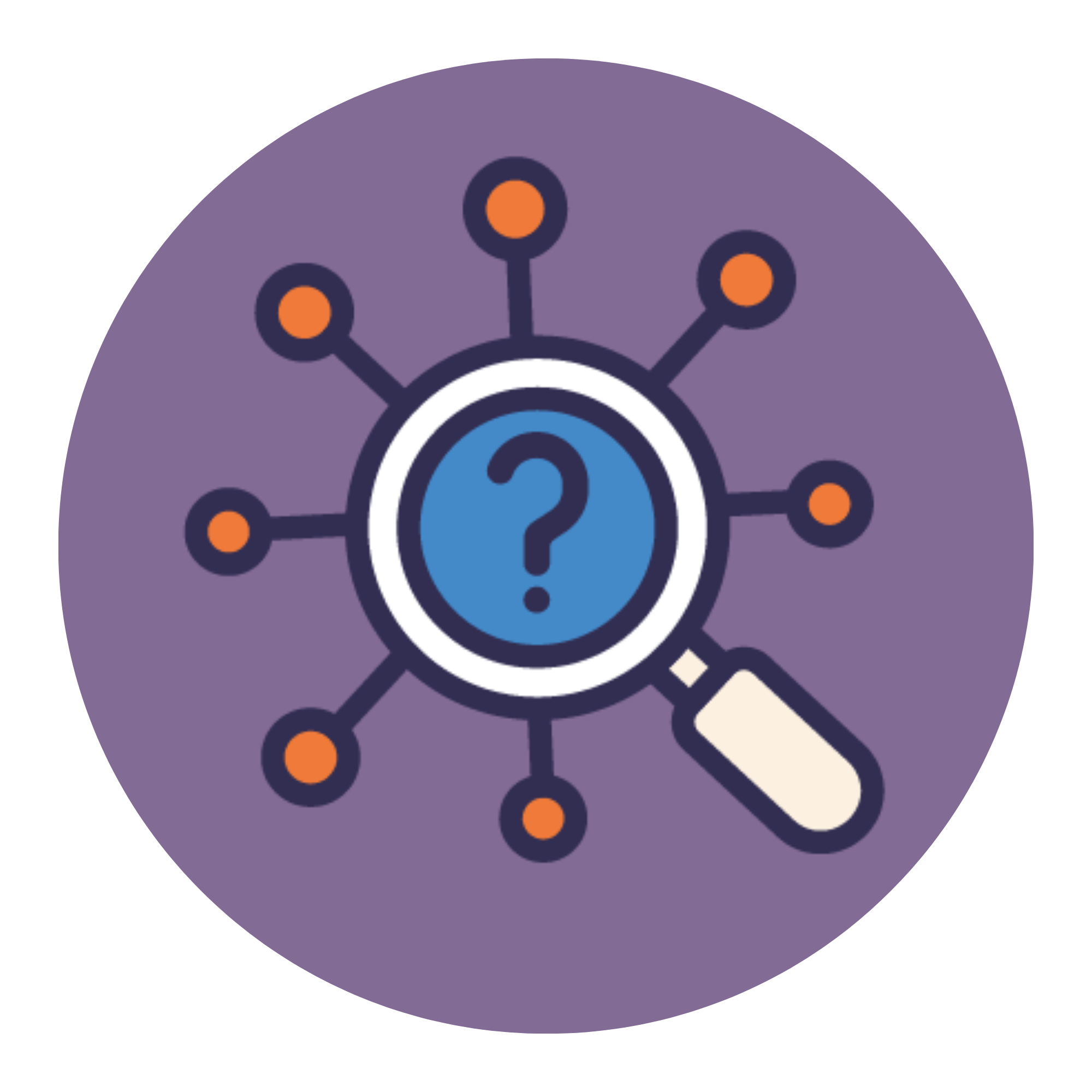 Icon of a large blue question mark in the center, surrounded by a network of orange dots connected by curved lines, on a purple background.