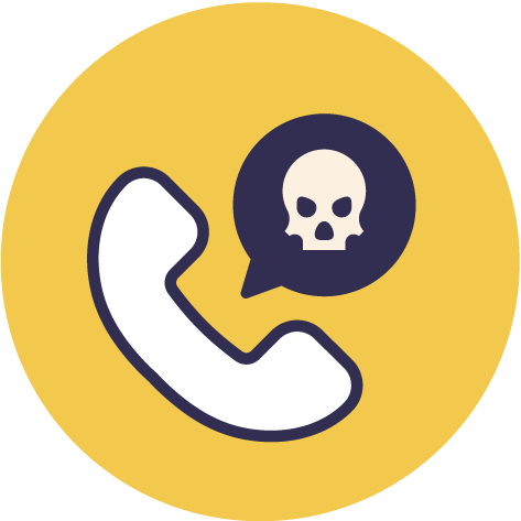 Icon of a telephone receiver with a speech bubble containing a skull symbol, indicating a malicious or dangerous call.