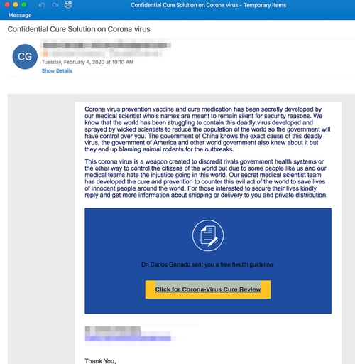 Screenshot of a Covid-19 phishing email claiming to offer a secret coronavirus cure, with a button labelled "Click for Corona-Virus Cure Review."