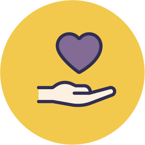 Icon of a hand holding a purple heart inside a yellow circle.