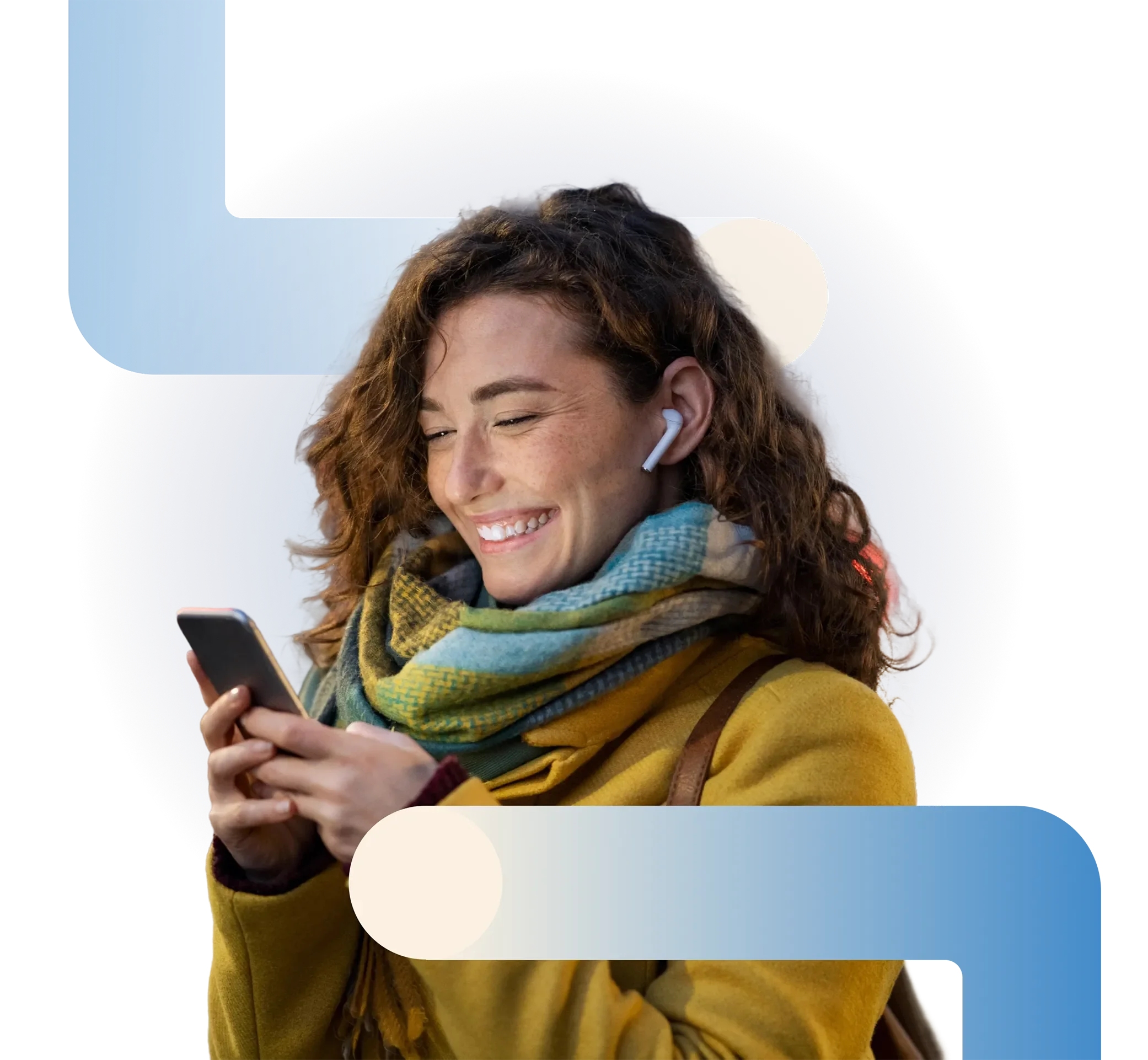 A woman with curly hair smiling at her phone, wearing wireless earbuds, a colorful scarf, and a yellow jacket. She is surrounded by blue and cream connectors, acting as beams of light, recovery and support.