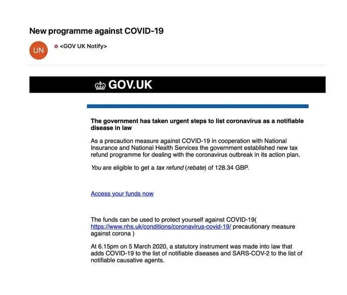 Screenshot of a phishing email impersonating GOV.UK, falsely claiming the recipient is eligible for a £128.34 tax refund linked to a Covid-19 programme.