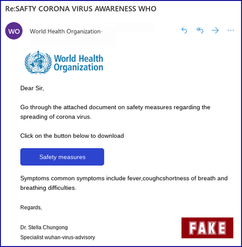 Screenshot of a phishing email impersonating the World Health Organization, prompting the recipient to download a fake "Safety measures" document. Labelled "FAKE."