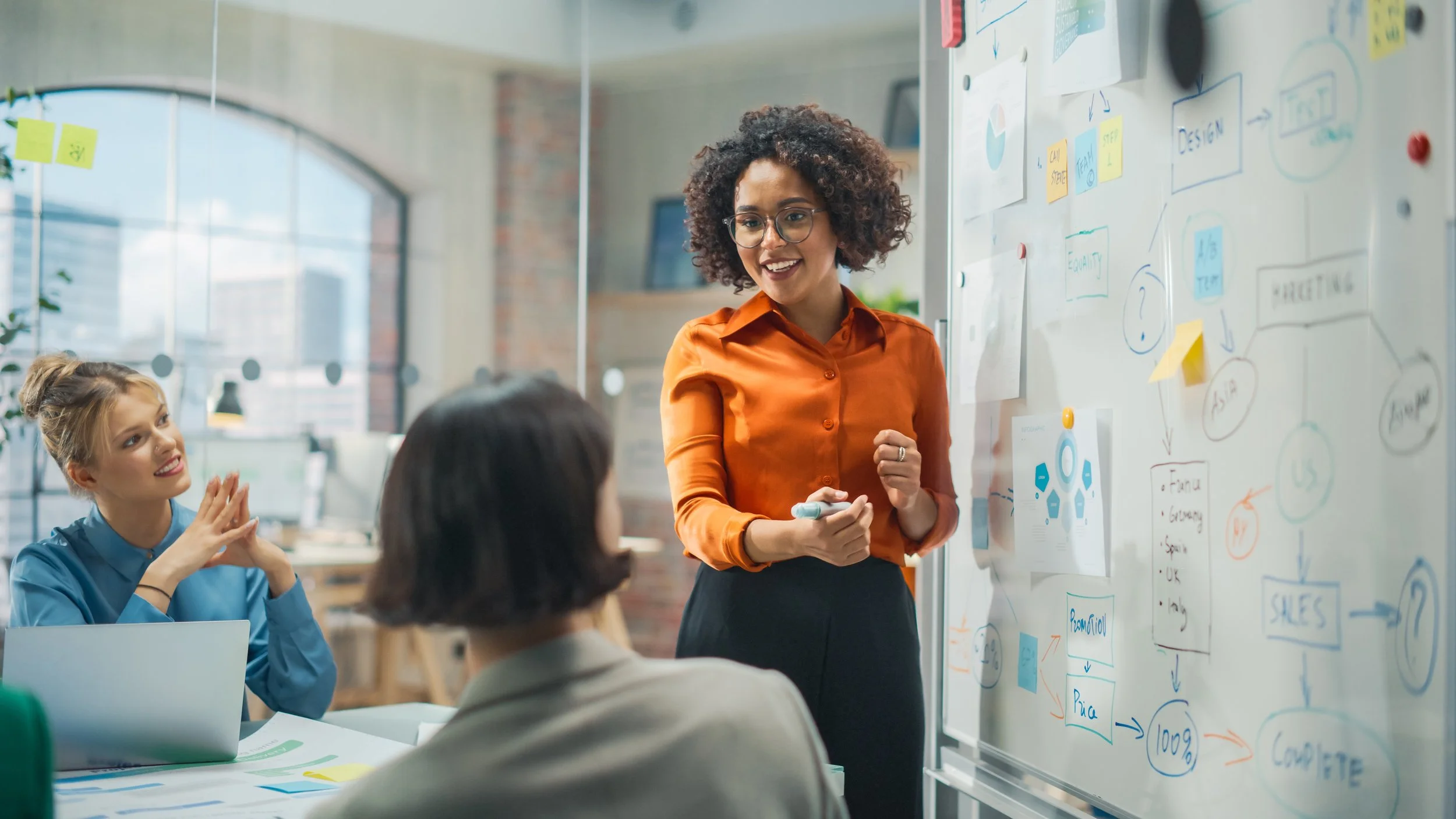 A woman with curly hair and glasses leading a presentation in an office, standing by a whiteboard filled with diagrams and notes while three women listening, one with a laptop, in a modern office with large windows.
