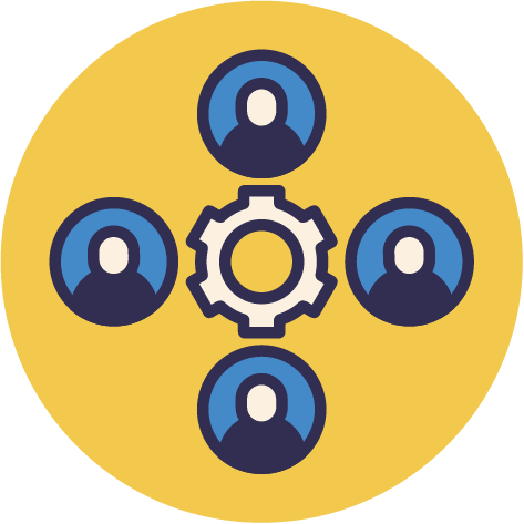 Icon representing teamwork or user management, featuring a central gear surrounded by four user profile icons on a yellow background.