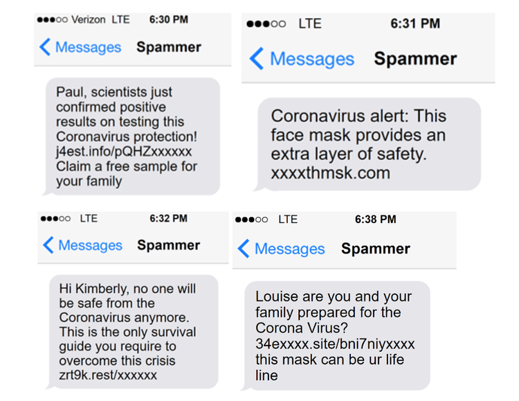 Four screenshots of Covid-19 scam text messages from a contact labelled "Spammer," offering fake coronavirus protection products and survival guides with suspicious links.